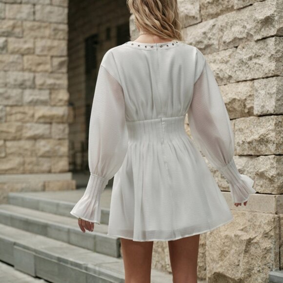 Commense Lace-Up Front Semi-Sheer Dress | Size M | NWOT | V-Neck | Long Sleeve | - Picture 2 of 6